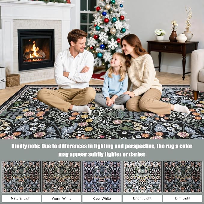 PLHXFR Area Rug Living Room: 3x5 Floral Washable Boho Carpet Dark Black | - Image 9