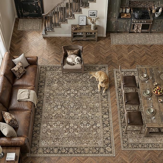 2x10 Brown Vintage Floral Washable Runner Rug - Image 4