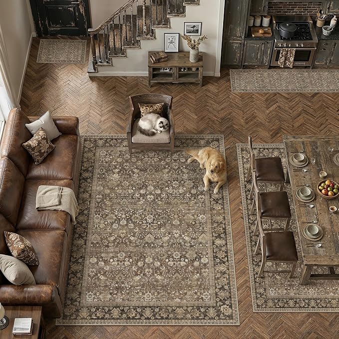 6ft Round Brown Vintage Floral Washable Rug - Image 4