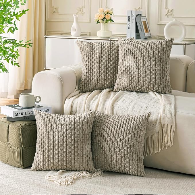 Set of 4 Taupe Decorative Throw Pillow Covers 24x24 Inch Corduroy Pillow Covers by Cozoomy
