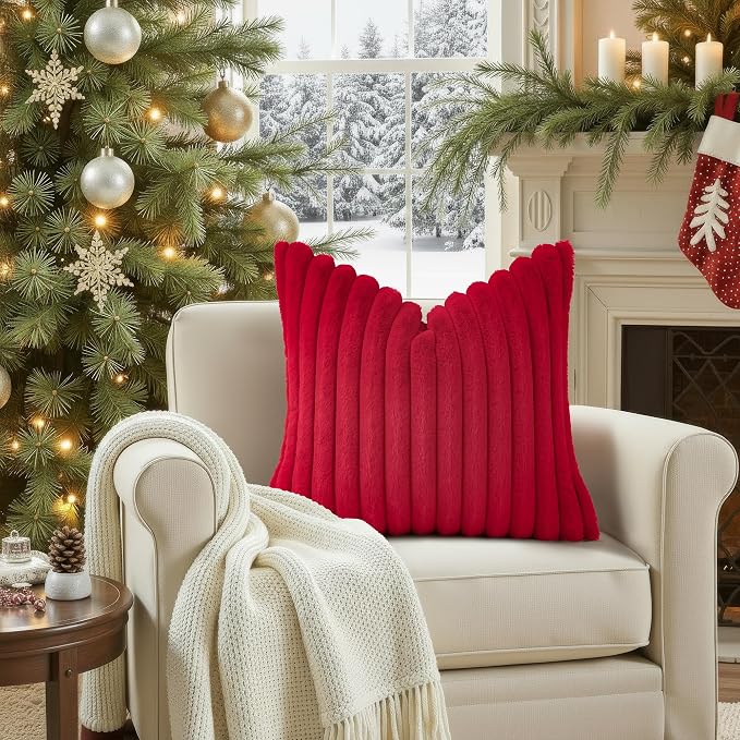 decorUhome Fall Faux Fur Throw Pillow Covers 20x20 Set of 2 Red | Decorative - Image 4