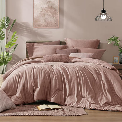 Monbix King Size Comforter Set, 7 Pieces Dusty Pink Cationic Dyeing Bed in a by Monbix