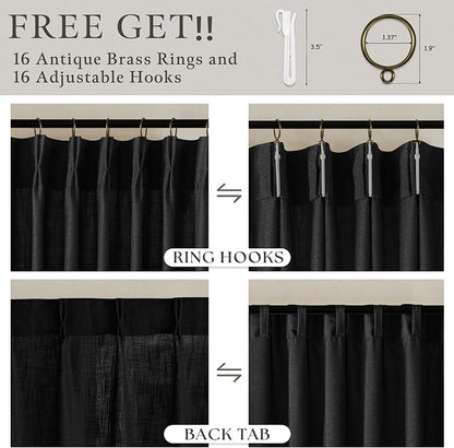 Black Linen Pleated Memory Shaped Semi Sheer Privacy Curtains 102 Inch Long | - Image 5