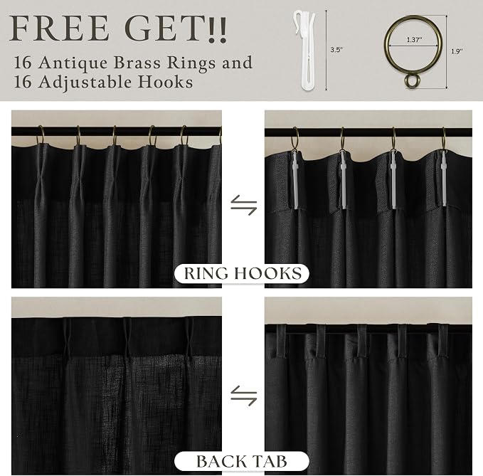 Black 90 Inches Pleated Linen Semi Sheer Memory Trained Curtains - Image 5