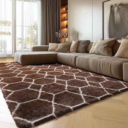 6x9 Area Rugs for Living Room Bedroom, Fluffy Brown and White Geometric Rug | - Image 9