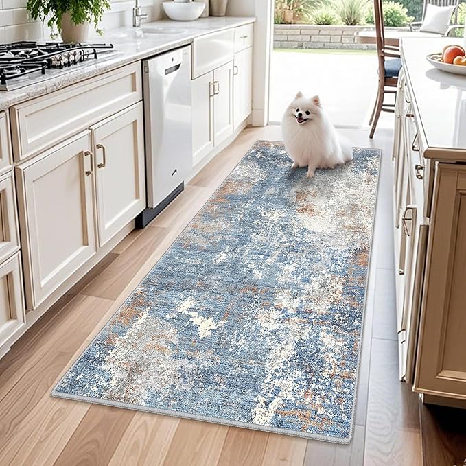 3x7 Kitchen Runner Rug – Washable Non-Slip Modern Abstract Neutral Carpet by BYYVOORugsforYourHome
