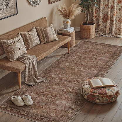 3x10 Brick Red Vintage Floral Washable Runner Rug - Image 3