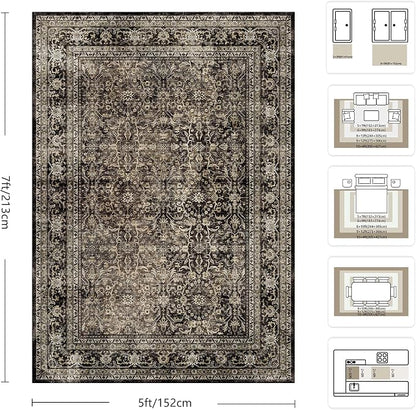 5x7 Area Rugs - Washable Vintage Retro Living Room Rug, Soft Ultra Thin Non - Image 2