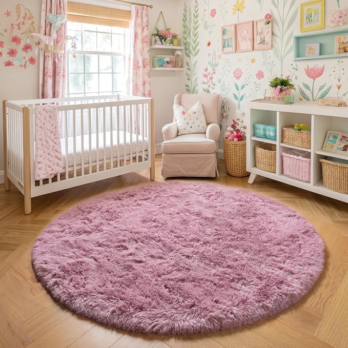 Amdrebio Mauve Pink Round Plush Rug 5Ft - Image 6