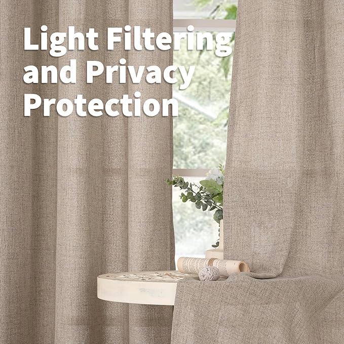YoungsTex Short Linen Semi Sheer Curtains 45 lnch Length, Oatmeal Drapes | Tan - Image 3