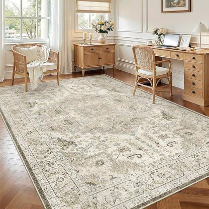 Madane 5x7 Area Rugs for Living Room, Non-Slip Washable Rug, Ivory/Brown | - Image 2