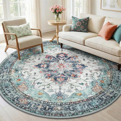 RELEANY Washable Area Rug, Round 6ft, Teal Green/White/Navy | Non-Slip by RELEANY