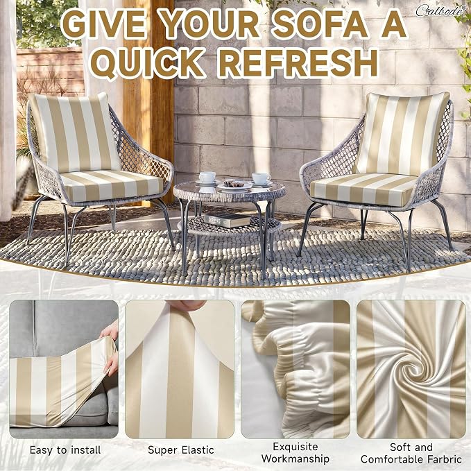 CALBODE 14 Pcs Outdoor Seat Cushion Covers, Striped Stretch Chair Seat Cover - Image 4