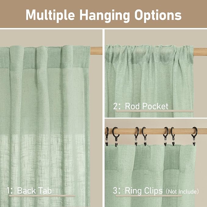 54 Inch Semi Sheer Window Linen Curtains, Light Filtering Panels | Faux Linen - Image 3