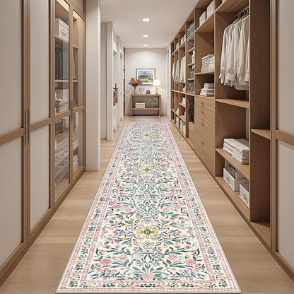 PLHXFR 2.6x14 Washable Runner Rug：Floral Indoor Kitchen Carpet Pink Green | - Image 5