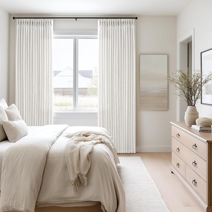 Pinch Pleated 90 Inch Off White Semi Sheer Neutral Linen Curtains 2 Panels | - Image 8