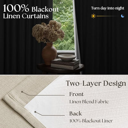 Oatmeal Linen Pinch Pleated Blackout Curtains 96 Inches Long 2 Panels Set | - Image 3