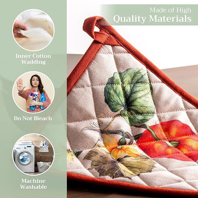 Maison d' Hermine Pot Holders Set 100% Cotton Heat Resistant Potholders 8" x 8" Hot Pads with Loop BBQ, Cooking, Baking, Grilling, Kitchen, Handling Hot Pans (Pack of 2, Potiron)