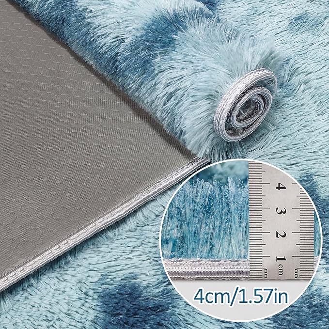 Super Soft Fluffy Living Room Area Rug 2x8 ft Tie-Dyed Light Blue Shaggy Furry - Image 5