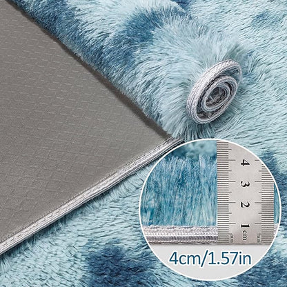 Super Soft Fluffy Living Room Area Rug 2x8 ft Tie-Dyed Light Blue Shaggy Furry - Image 5