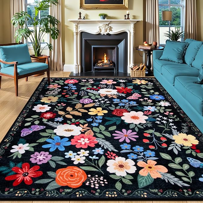 PLHXFR 8x10 Area Rug Living Room: Floral Washable Boho Soft Carpet Black | by PLHXFRSoftAreaRugs