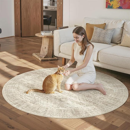 Soalmost 6x6 Beige Round Rug 6ft Circle Living Room Area Rugs Non-Slip | - Image 4