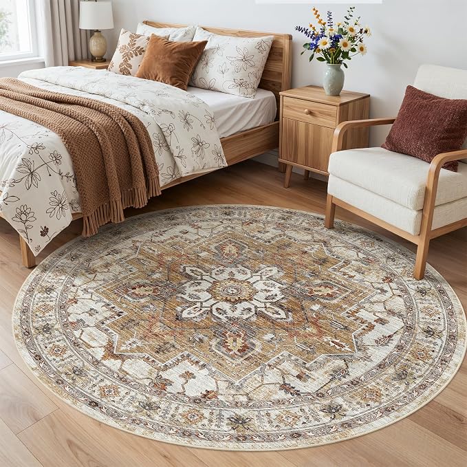 Madane Washable 6ft Circle Round Rug, 6x6 Circular Area Rugs, Turmeric/Grey | - Image 2