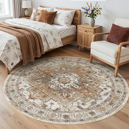 Madane Washable 6ft Circle Round Rug, 6x6 Circular Area Rugs, Turmeric/Grey | - Image 2