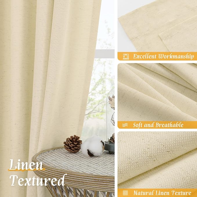 Semi Sheer Beige Linen Curtains 63 Inch Length - Image 7