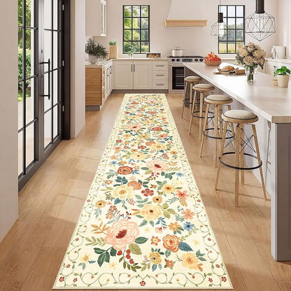 DUKINO 2.6x12 Kitchen Runner Rug, Floral Non Slip Washable Rug Beige Yellow | - Image 3