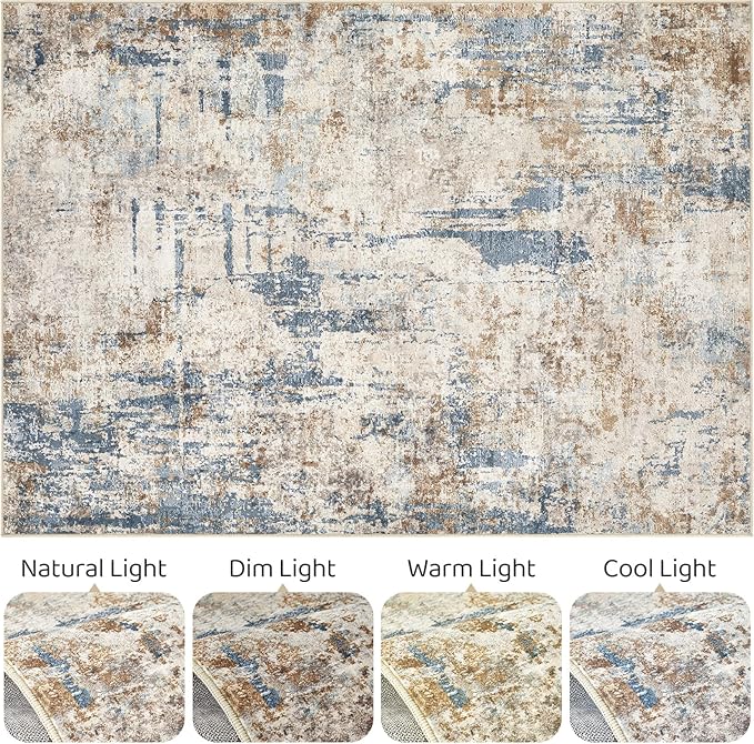 LOONGRUG 4x6 Area Rug Machine Washable Neutral Modern Rugs Blue Tan | Abstract - Image 9
