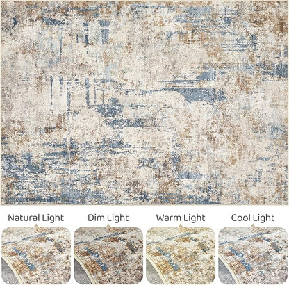 LOONGRUG 4x6 Area Rug Machine Washable Neutral Modern Rugs Blue Tan | Abstract - Image 9