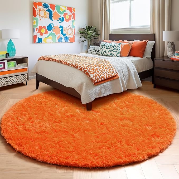 Amdrebio Orange Round Shag Kids Rug 4Ft - Image 7
