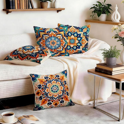 OBSEDE Boho Mandala Throw Pillow Covers Set of 4, 18x18 Inch Blue and Orange - Image 9
