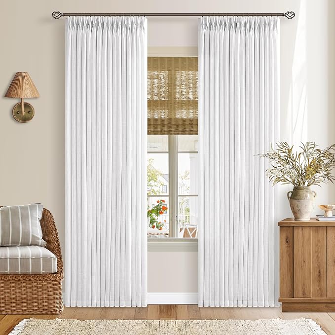Extra Long Semi Sheer Pinch Pleat Linen Modern Curtains Snow White 50Wx120L | by Twodrapes