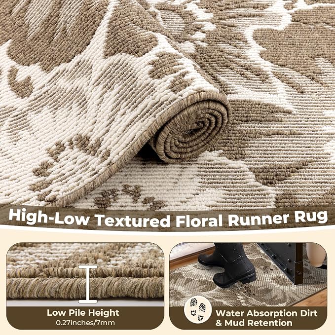 Findosom Hallway Runner Rug 2x8, Non Slip High-Low Textured Floral Washable - Image 5