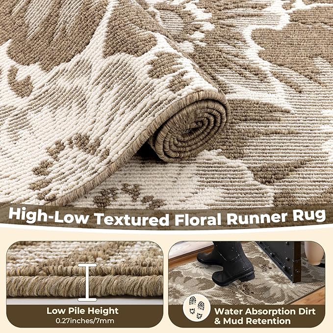 Findosom Hallway Runner Rug 2x6, Non Slip High-Low Textured Floral Washable - Image 5
