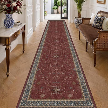 Boho Washable 3x16 Extra Long Hallway Runner Rug, Burgundy Waterproof Large by HazoHaus