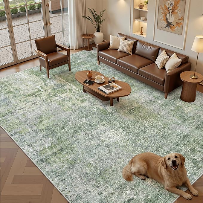 Soalmost Abstract Rug 8x12 Large Living Room Area Rugs Washable Green/Ivory | by Soalmost