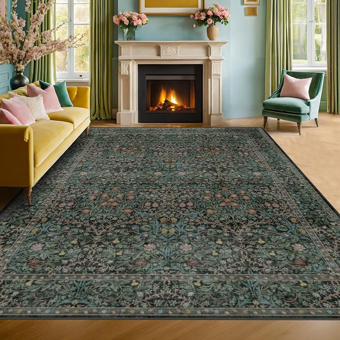 Washable Dark Green 10x12 Rug for Living Room by HazoHaus
