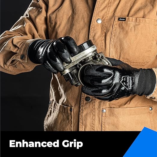 Waterproof Gloves for Men and Women, Freezer Gloves with Grip, Double Nitrile Dipped for Extreme Oil Repellent, for Construction, Mechanics, Mining, Plumbing, Black, XX-Large