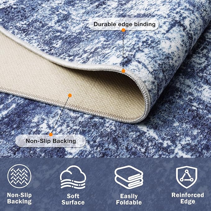 8x10 Washable Area Rug for Living Room Bedroom: Non-Slip Modern Navy Blue | - Image 4
