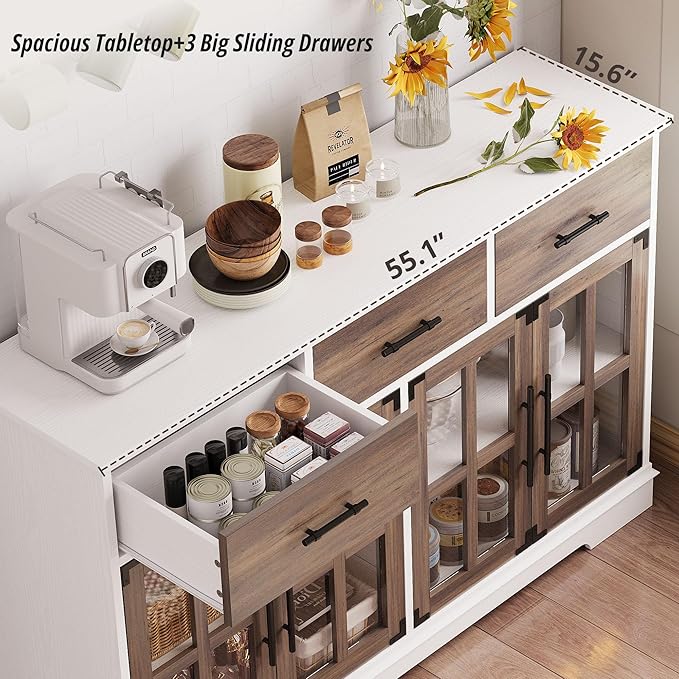 IRONCK Buffet Cabinet with Storage, 55" Large Sideboard Buffet Storage with LED Lights, Farmhouse Coffee Bar Wood Liquor Cabinet for Kitchen, Dining Room, White and Oak