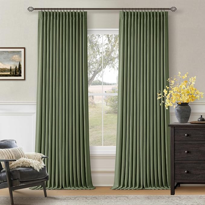 108 Inch Olive Green Linen Pinch Pleated Blackout Curtains Dual Layer | 100% - Image 8