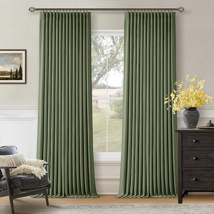 108 Inch Olive Green Linen Pinch Pleated Blackout Curtains Dual Layer | 100% - Image 8