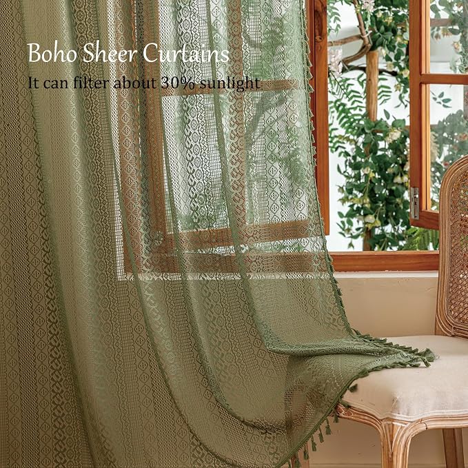 Sutuo Home Olive Green Boho Lace Curtains 84 Inches Long - Image 4