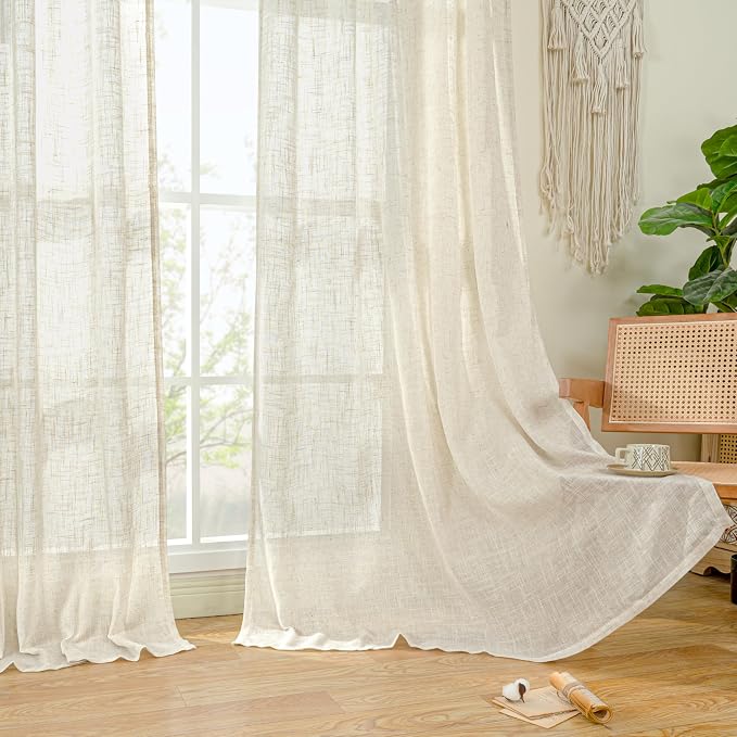 60 Inch Wide Linen Curtains 95 Inches Long Semi Sheer Panels | Natural Ivory - Image 9