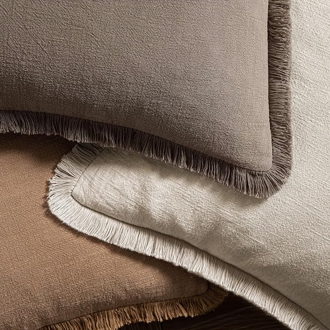 MIULEE Boho Linen Fringe Decorative Fall Throw Pillow Covers Coffee 20x20 | Set - Image 4