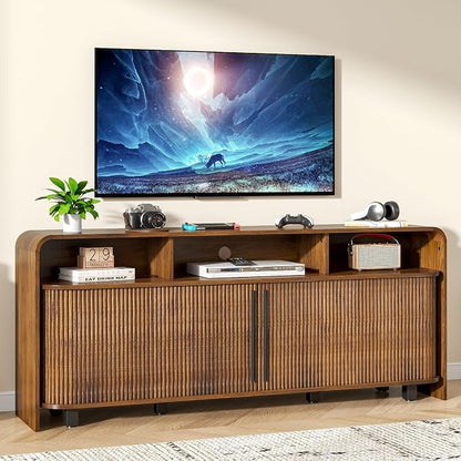 Walnut TV Stand for 65 70 75 Inch TV, Fluted Mid Century Modern TV Console by Woemtoric