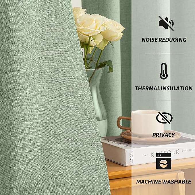 Yakamok 90 Inch Light Sage Green Linen Texture Curtains - Image 5